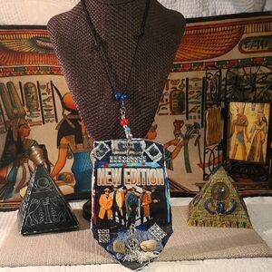 New Edition Themed with Blue Accents Denim Fabric Junktie Necklace